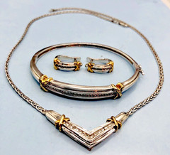 1980s Designer ADL Sterling & Diamonds Jewelry Set Necklace, Bracelet, ERs w.Box