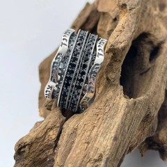Sterling Silver Ana Bekoach Spinner Ring Hebrew Prayer Black Zircon Fidget Band