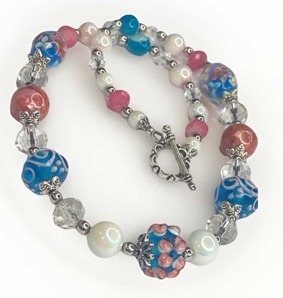 Artisan Handcrafted Art Deco Lampwork Glass Jewelry Pink Peony Club #4 Floral