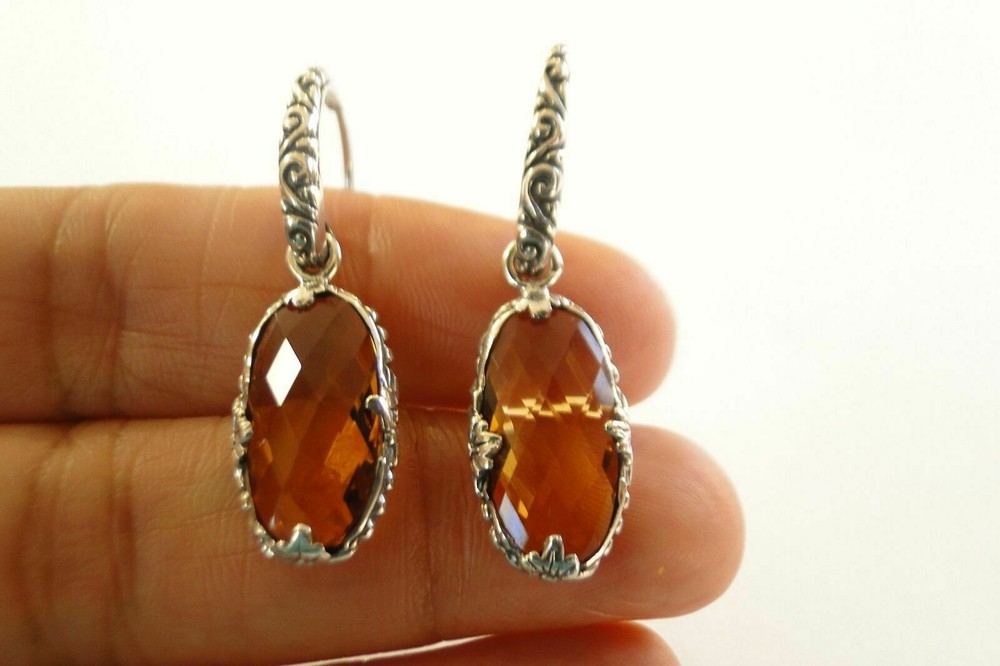 Oval Golden Yellow Citrine Ornate 925 Sterling Silver Dangle Hook Earrings