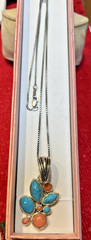 Vtg Sterling Silver 925 Barse Turquoise & Rhodochrosite Cabochon Necklace 18″L