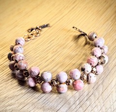 Ancient Incan Ancestral Peruvian Rhodochrosite Woven In Copper Artisan Bracelet
