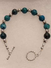 925 Sterling Silver 7″ Genuine Chrysocolla Beaded Toggle Bracelet Vintage