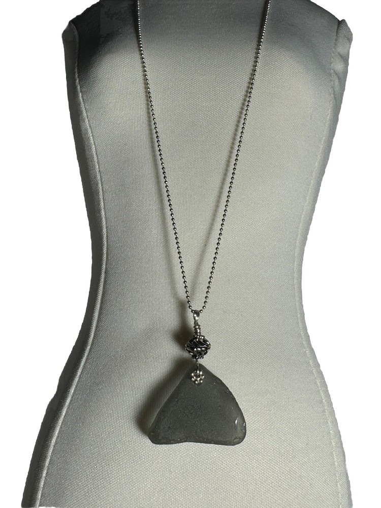 Sea Glass Grey Necklace Silver Plated Ball Chain 18” W/Extender Antiqued Bead