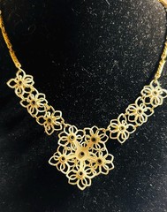 Vintage Lacy Rhinestone Floral Necklace • Mid Century Wirework Bib • Gold Tone S