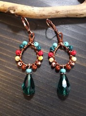 UNIQUE COPPER WIRE LOOP/TEAL CRYSTAL/MULTI COLOR SEED BEADS/COPPER WIRE EARRINGS