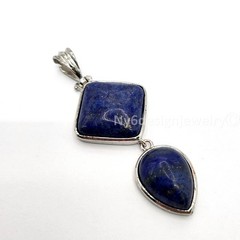 Natural Lapis Lazuli Two-Stone Pendant Silver Plated Geometric Square & Teardrop