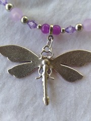 Handcrafted Purple Silver Beaded Memory Wire Dragonfly Choker Earring Set