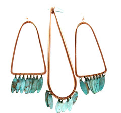 Unique Copper Green Dangle 3 1/4″ Earrings & Long 5″ Pendant Necklace Set ~ NEW