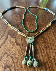 Vintage Wood Glass Metal Beaded Long Necklace Artisan Boho 30” With 2” Drop