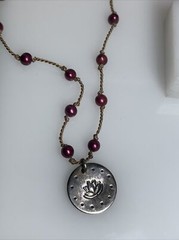Sterling Silver Round Lotus Flower Disc Pendant Tan Cord Magenta Pearl Necklace