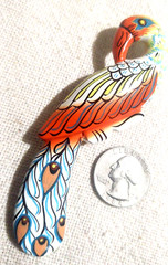 Brooch Pin VTG Hand Enamel Painted Wood Wooden Peacock Artisan unSigned 4″
