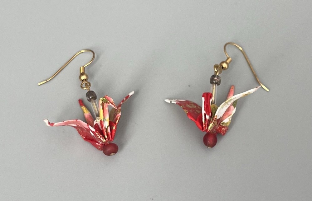 Japanese Traditional Origami Tsuru Bird Crane Design Earrings Red/White/Yellow