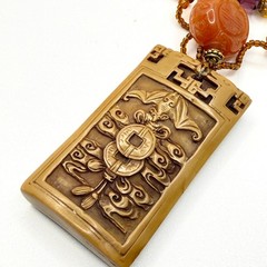 Vintage 90s Earthy Brown Resin Jade Carnelian Deity Statement Necklace