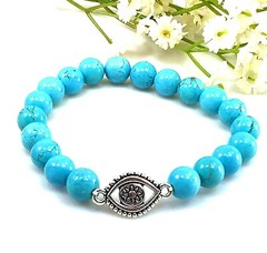 Blue magnesite turquoise round beaded bracelet with evil eye pendant healing