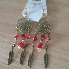 Handcrafted Gold Tone Dreamcatcher Feather Dangle Earrings Red Teardrop Crystal