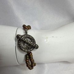 Handmade Seed Bead Bracelet Yellow Glass Accent Toggle Clasp Boho Artisa