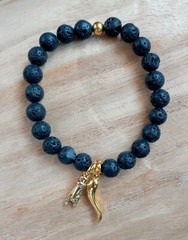 Mano Cornuto Bracelet, Cornicello, Horned Hand, Gold Italian Horn, Lava Stone
