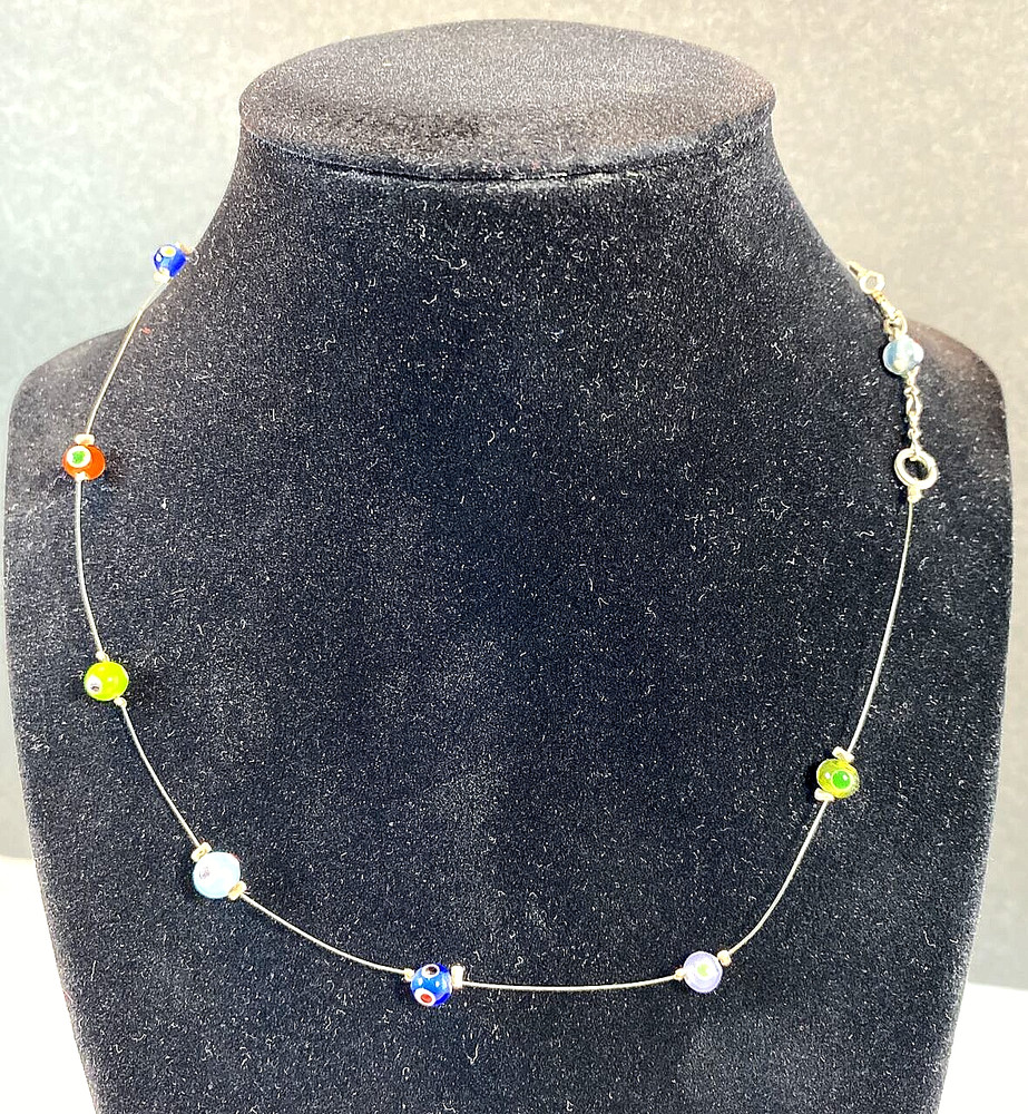 Handmade Illusion Lampwork Glass Eye Bead Necklace Collarbone/Choker 16.25″ 925