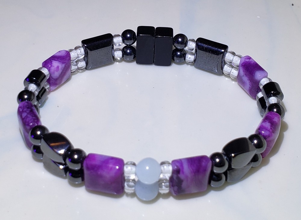 Magnetic Therapy Braclet Hematite & Purple Lace Agate Glows in the Dark sz 8 in