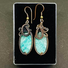 Natural Amazonite Gemstone Copper Wire Wrapped Handcrafted Earrings 45x18mm