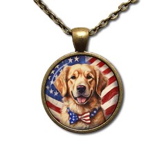 Patriotic Golden Retriever American Flag – Handmade ROUND Glass Pendant Necklace