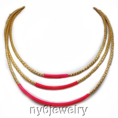 Trendy! Multi-Strand Hot Pink & Golden Springy Necklace w/Gold Tone Clasp 18-20″