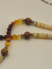 Handmade Amber Beaded Necklace with Shell, Sandalwood and Yellow Turquoise