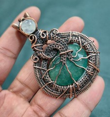 Faceted Zambian Emerald & Rainbow Moonstone Crystal Wire Wrap Handmade Pendant