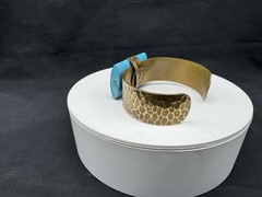 SIGNED JAN MICHAELS SAN FRANCISCO CUFF HAMMERED BRASS TURQUOISE BRACELET