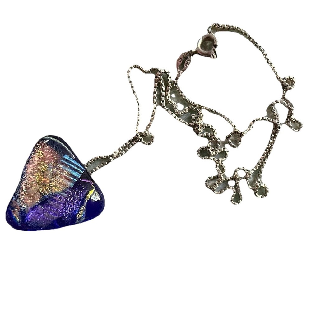Sterling Silver 925 Plated Dichroic Glass Triangle Pendant Necklace Multicolor