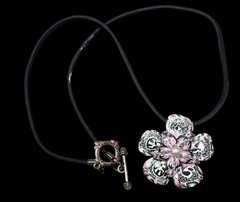 Handmade Pink White And Black Polymer Clay Floral Pendant Necklace