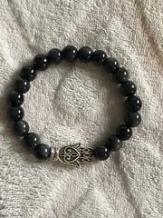 Natural Silver Obsidian Gemstone Hamsa Hand Bracelet, Protection Health Balance