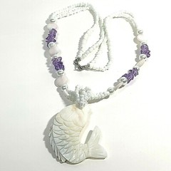 HANDCRAFTED Carved MOTHER OF PEARL FISH Pendant NECKLACE Amethyst BEADS 23″