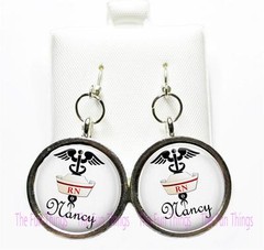 Custom RN Registered Nurse Dangle Earrings 20mm Round Setting Personalized Name