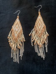 Earrings Beaded Dangle Fringe Beige Gold White Leaf Bohemian Statement Neutral