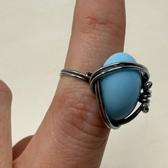 Handcrafted Wire Wrapped Blue Cabochon Statement Ring Silver Tone Size 5.5