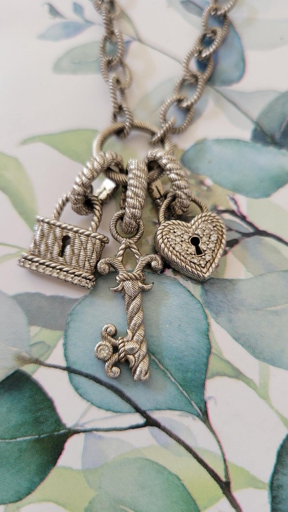 Vintage Judith Ripka Sterling Silver Key Heart Padlock Triple Charm Pendant Cabl