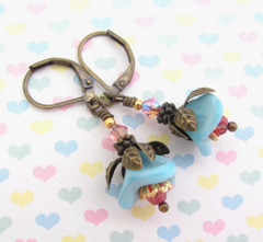 Aqua Blue Earrings Flower Antiqued Brass Rose Peach Crystal Mixed Metals Gift