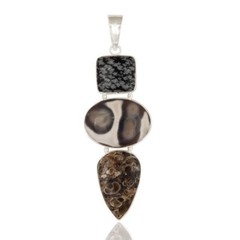 Snowflake Obsidian Solar Quartz Turritella Agate 925 Silver Pendant Jewelry