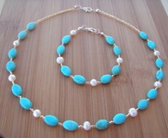 Handmade Necklace and Bracelet Set of Turquoise Magnesite Beads and White Pearls