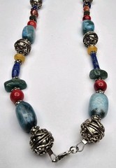 Assorted Semi Precious Stone Beaded Silver Tone Necklace 23″ Jade Coral