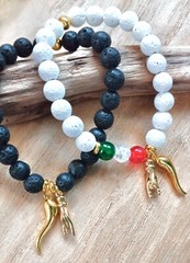 Mano Cornuto Bracelet, Cornicello, Horned Hand, Gold Italian Horn, Lava Stone