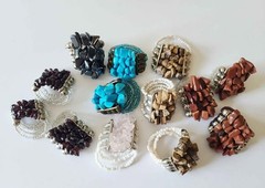 Handcrafted Brazilian Gemstone Beaded Stretch Rings — Turquoise Garnet Pyrite