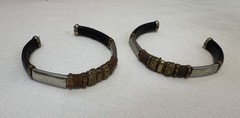 Pair Of Handmade Mixed Metal (Silver, Brass & Coper) Leather Trim Cuff Bracelets