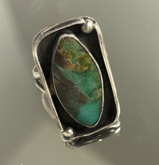 Silver Tone Statement Ring Size 6 Marquise Green/Brown Bezel Set Stone