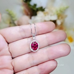 Gemstone Halo Ruby Necklace 2 CT Oval Solitaire Red Ruby Pendant Sterling
