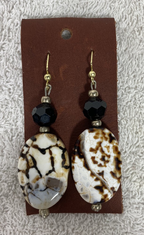 Handcrafted Black Brown & White Stone W/black & Gold Beads Earrings ~2 1/2” New
