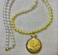 Vintage style Necklace- Faux Pearl Beads, Yellow Rose, Gold Tone, 26”