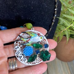 Adorned Crown Artisan assemblage necklace rosary stone soar enamel bird cluster